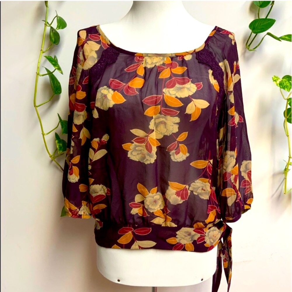 Moulinette Soeurs Anthropologie Sheer Tied Purple Floral Blouse Boho